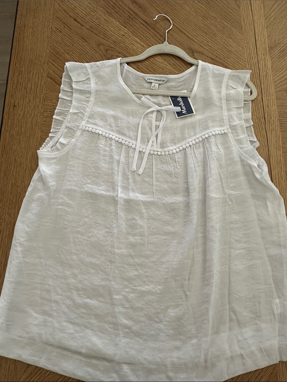 Anthropologie White Sleeveless Ruffle Tie Blouse